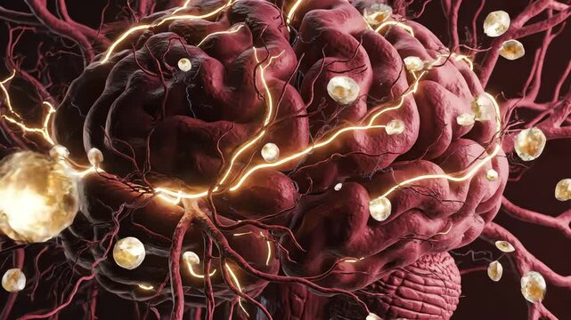 Inside pain-processing centers of the brain, where frequent sharp pulses represent headache-associated overactivity. Paracetamol molecules spread through the region, gently reducing the brightness 