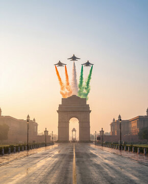 Indian Air Force Flypast Over India Gate with Tricolor Smoke on Republic Day or Independence Day