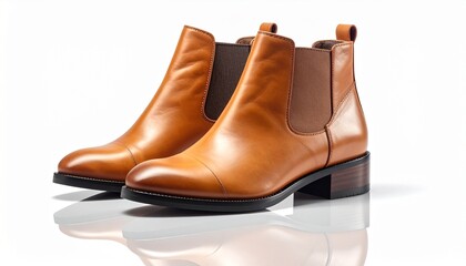 Brown leather ankle boots sit on a white surface under bright light, displaying their design and finish