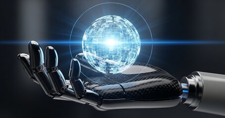 A metallic robotic hand gently cradles a bright blue sphere of interconnected data points against a dark, gradient background.