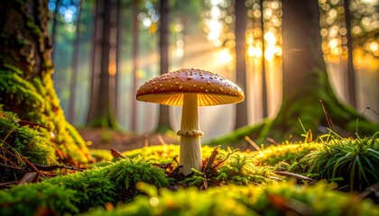 Toadstool glows, speckled cap in sunlit forest. Verdant mossy floor, trees rise. Sunlight streams through canopy