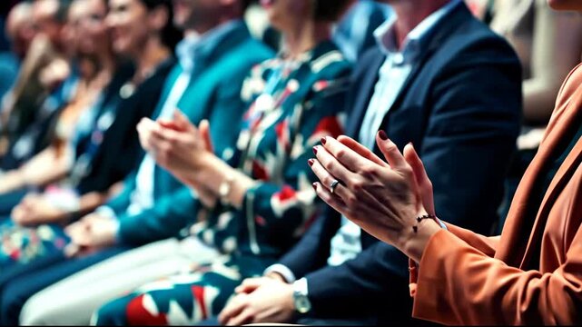 Audience of professionals applauding during a corporate conference presentation.