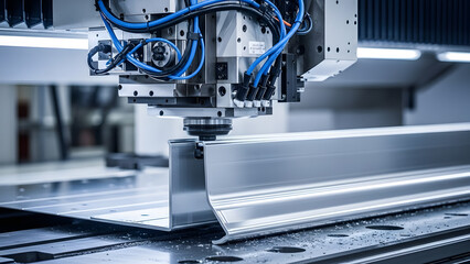 CNC milling machine cutting aluminum profile close-up | Precision engineering manufacturing with automated industrial robotics | High-speed machining center processing metal components 