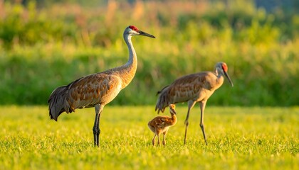 Obraz premium Three Sandhill Cranes, including a chick, stand in a field of green grass illuminated by golden light
