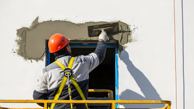 Construction worker plastering exterior wall from lift basket | Applying cement mortar coat to building facade with trowel | Builder wearing safety harness and hard hat working at height