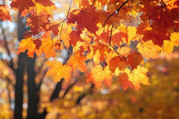 Fototapeta premium The vibrant autumn leaves of the maple tree, their fiery hues of orange and red, sway gently in the breeze, creating a mesmerizing display of nature's beauty.