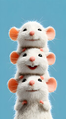 Stacked Cute White Mouse Tower on Soft Blue Background