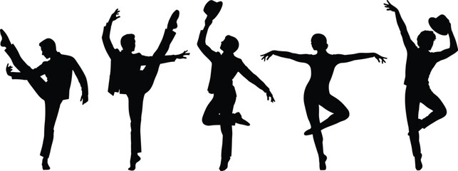 Elegant Broadway dancers silhouettes collection featuring professional male and female performers in dynamic theatrical poses isolated on white background for arts design