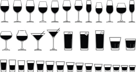 Collection of various drink glasses silhouettes, including wine glasses, cocktail glasses, tumblers, and shot glasses vector illustration set. © Art_By_Shoriphul