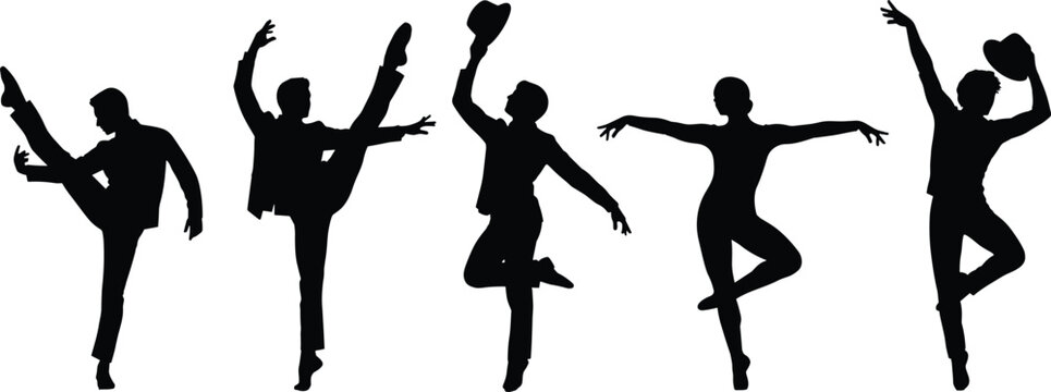Elegant Broadway dancers silhouettes collection featuring professional male and female performers in dynamic theatrical poses isolated on white background for arts design