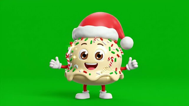 Christmas Ice Cream Character on Green Screen - A cartoon ice cream character with a Santa hat is standing with a green background. The character has colorful sprinkles and candy canes decorating it.