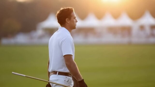 Elegant polo player walking across sunlit field with mallet in hand