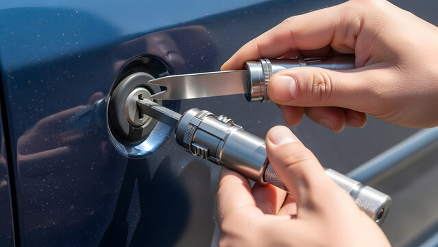 Automotive locksmith performing car door opening service | Professional breaking into vehicle lock cylinder | Hands using lock picking tools on blue car door | Car security breach illustration