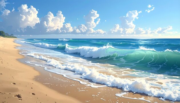 Tranquil beach scene featuring azure waves, sandy shore, puffy clouds, and a distant lush coastline under a sunny sky - Powered by Adobe