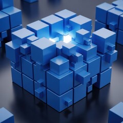 Fototapeta premium Interconnected Blue Blocks Forming a Network Structure with a Central Glow