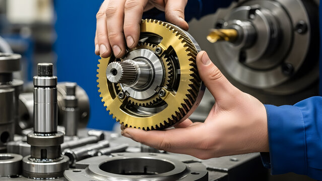 Engineer assembling complex brass gear mechanism | Close-up of precision manufacturing in modern factory | Inspecting gold colored metal planetary gearbox parts | Quality control for CNC machined 