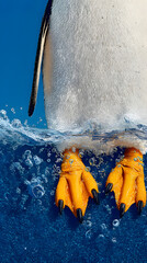 Penguin Feet, Bright Yellow Webbed Toes Splashing in Blue Water