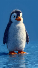 Cute Penguin Chick Standing on Icy Water in Blue Setting