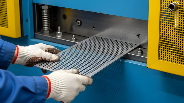Factory worker handling perforated metal sheet on punching machine | Close up of hands in safety gloves during metal fabrication process | Industrial precision stamping and manufacturing workflow