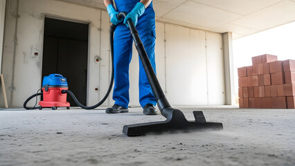 Professional cleaning of construction site concrete floor | Industrial vacuum cleaner removing fine cement dust after renovation | Post-construction cleanup services using heavy-duty equipment