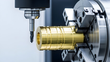 Close-up of CNC milling machine cutting brass cylinder | Precision machining process on golden metal workpiece | Automated industrial lathe drilling operation detail | High-technology metalworking 