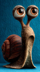 Cartoon Snail with Big Eyes Standing on Blue Background