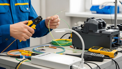 Technician preparing fiber optic cable for splicing | Professional networking engineer working with communication tools | Close up of hands stripping optical fiber strands for fusion 