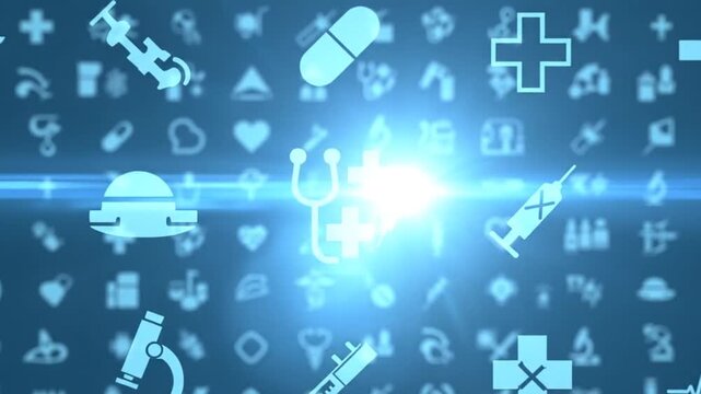 Medical Icons Seamless Pattern Blue Background.