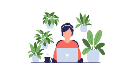 Remote worker with laptop surrounded by lush green plants
