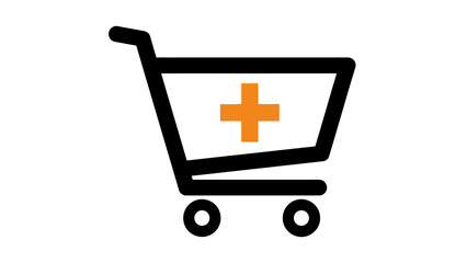 Shopping cart with orange medical cross symbol for healthcare products