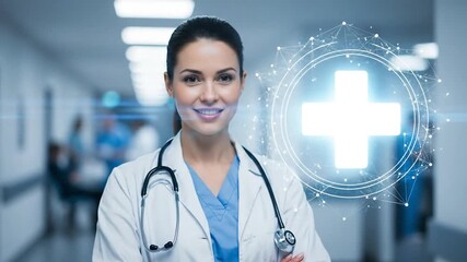 Professional female doctor in hospital hallway with medical technology overlay. - Powered by Adobe
