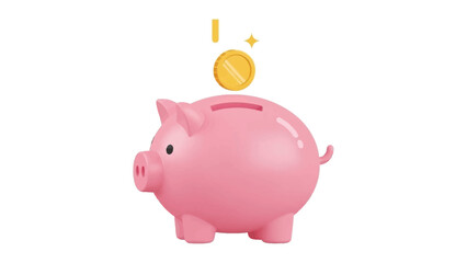 Cute pink piggy bank with golden coin and star on white background
