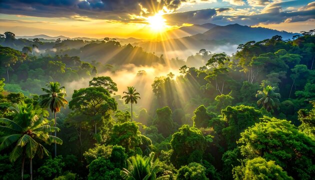 Tropical jungle canopy bathed in golden light, with misty valleys and distant mountain ridges at sunset - Powered by Adobe