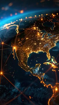 of Earth with lit-up cities and interconnected lines representing global connectivity and communication.