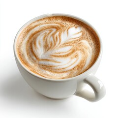 Cappuccino coffee with a design in the foam, served in a white cup and saucer. Aromatic coffee. High-quality image with copyspace.