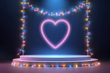 Romantic heart-shaped arch adorned with pink lights and flowers, creating a dreamy atmosphere for celebrations, events, or special occasions with vibrant colors and soft glow