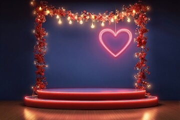 Romantic heart-shaped arch adorned with pink lights and flowers, creating a dreamy atmosphere for celebrations, events, or special occasions with vibrant colors and soft glow