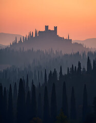 Misty Tuscan landscape with cypress trees and a castle silhouette at sunset