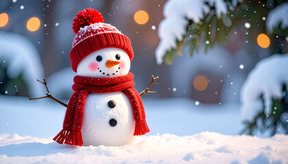 Cute snowman wearing red knit hat on snowy winter night