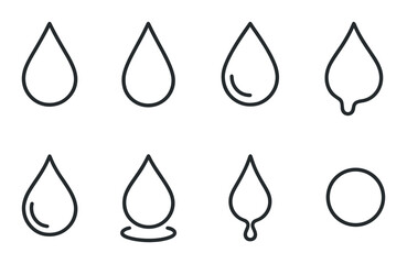 Set of eight minimalist water droplet icons on black background