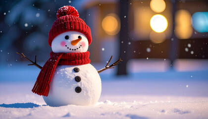 Cute snowman wearing red knit hat on snowy winter night