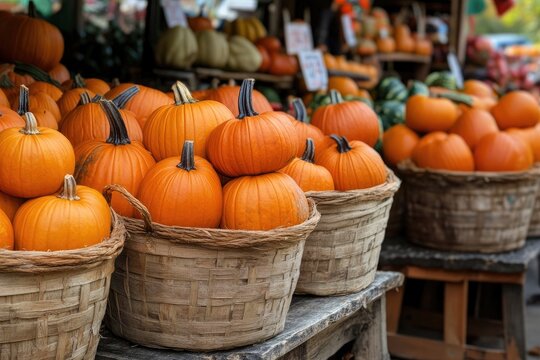A vibrant autumn market scene with a variety of pumpkins and gourds displayed in baskets and crates, set against a backdrop of colorful leaves and a rustic wooden fence.