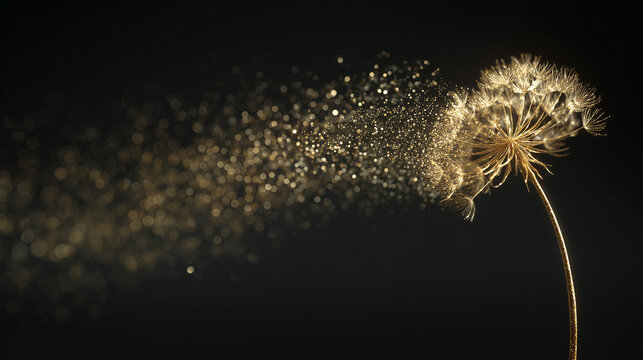 golden dandelion sparkles on black, glowing dandelion seed abstract, luxury gold dust flower
