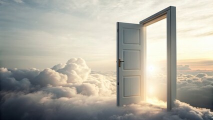 Offene T&uuml;r im Himmel &uuml;ber den Wolken mit warmem Licht