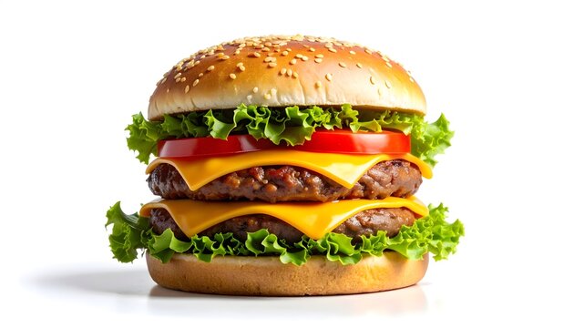 Illustration of a large double cheeseburger with lettuce and tomato on a sesame seed bun isolated on white background