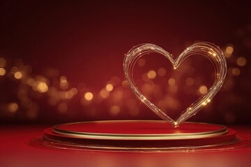 Heart-shaped light design on a circular podium with a blurred bokeh background, creating a romantic atmosphere for celebrations and special occasions, ideal for love-themed projects