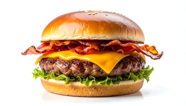 Illustration of a mouthwatering bacon cheeseburger with melted cheese and fresh lettuce isolated on white background