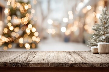 Wooden tabletop with blurred festive lights and snowflakes in the background, creating a warm holiday atmosphere for seasonal celebrations and gatherings
