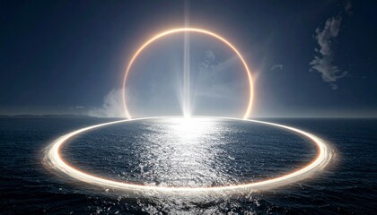 A surreal seascape with a large glowing orange ring intersecting the ocean creating a luminous circle on the waters surface