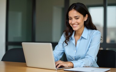 Businesswoman smile while working on laptop seated in boardroom, typing e-mail, solve business-related matters remotely, feel satisfied, get positive outcome of work, sales growth and incomes increase
